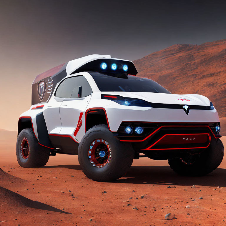 Futuristic white and black off-road vehicle on red soil Mars-like terrain