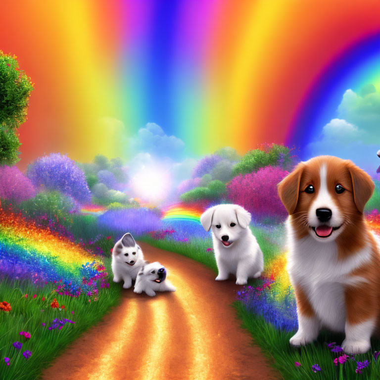 Colorful Rainbow and Puppies in Fantasy Landscape