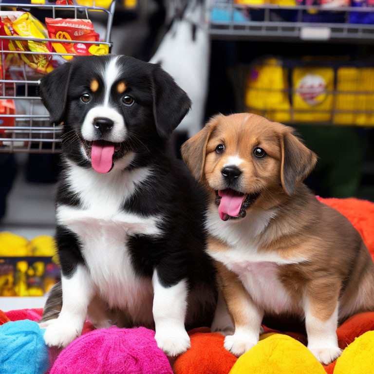 Two puppies surrounded by toys and pet supplies in a playful scene