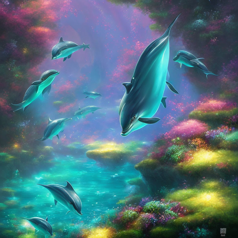 Dolphins Swimming in Vibrant Underwater Coral Scene