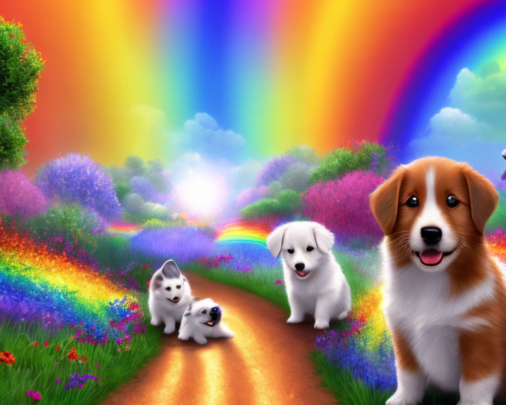 Colorful Rainbow and Puppies in Fantasy Landscape