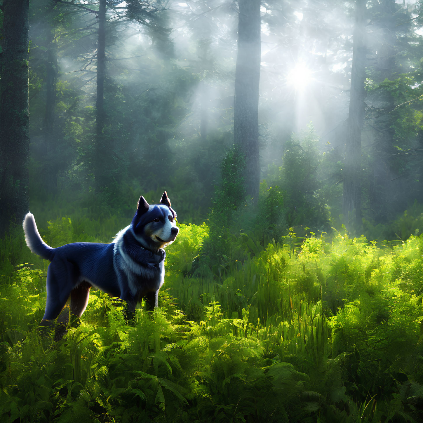 Majestic black and white dog in sunlit forest clearing