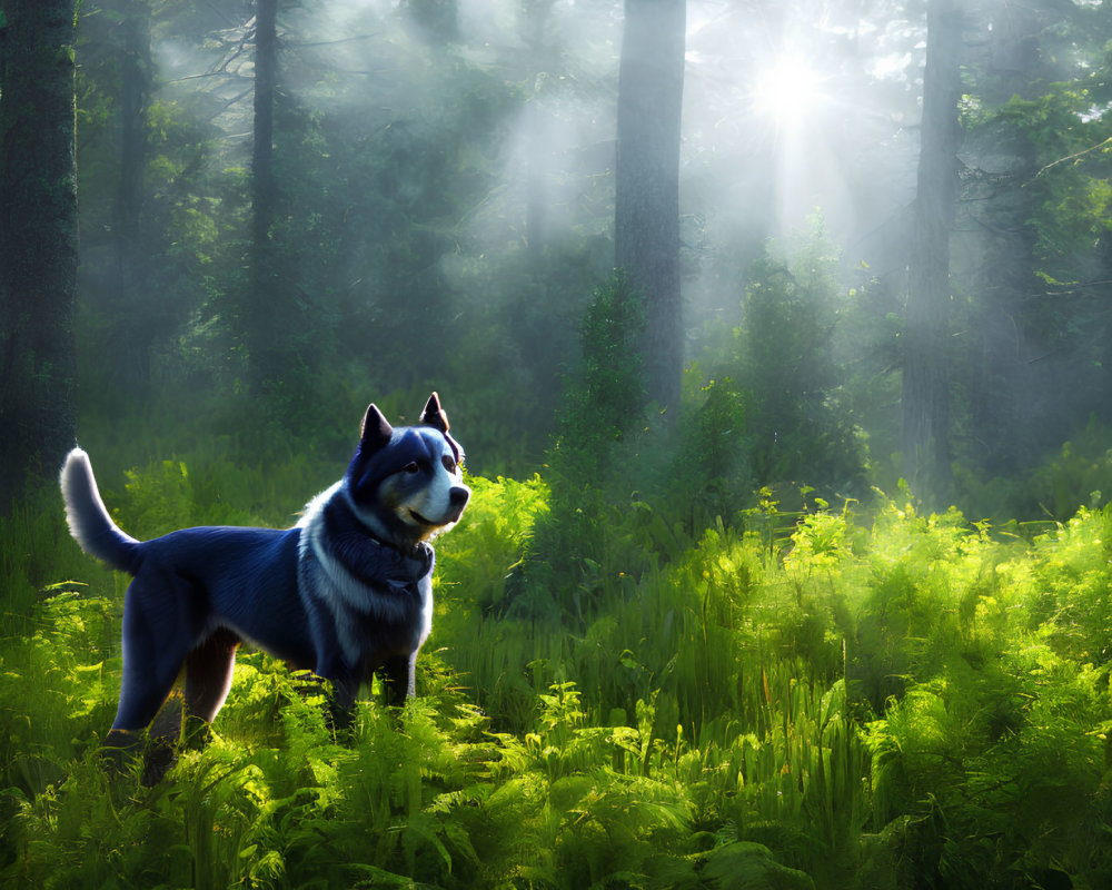 Majestic black and white dog in sunlit forest clearing