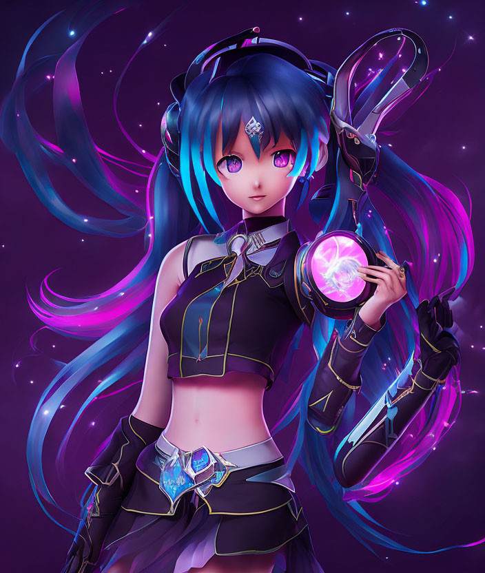 Vibrant blue-haired anime girl with futuristic headphones holding a glowing orb