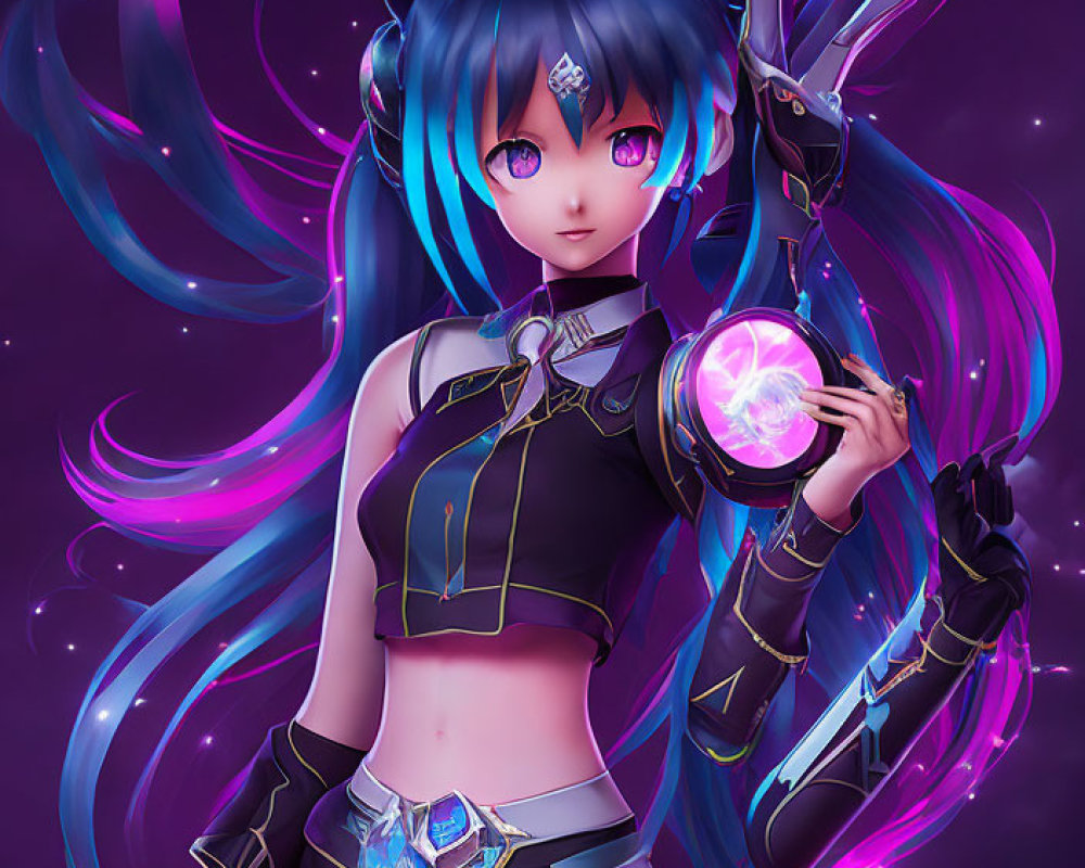 Vibrant blue-haired anime girl with futuristic headphones holding a glowing orb