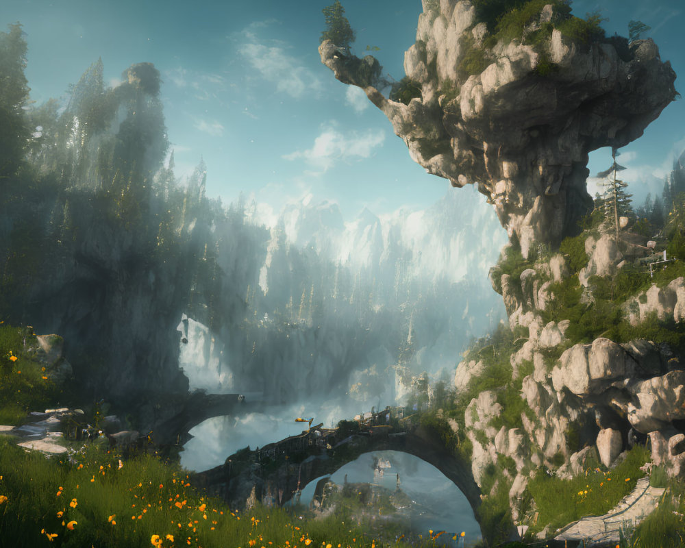 Mystical landscape with towering rock formation, stone bridge, and lush greenery