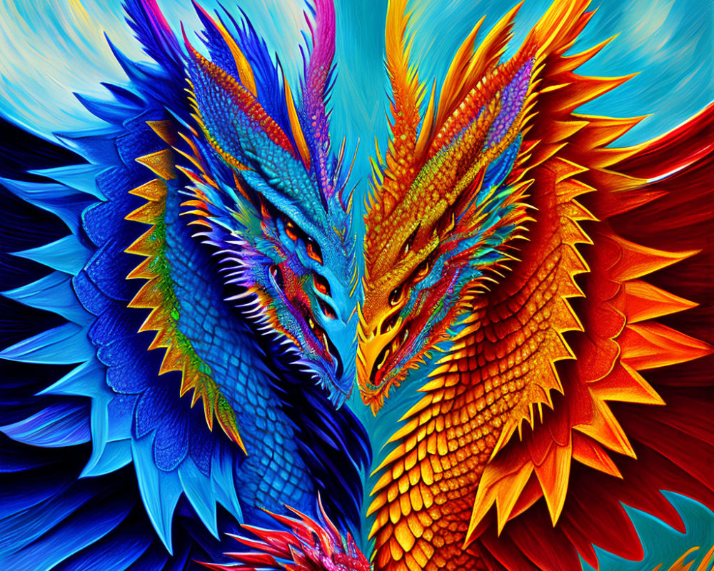 Detailed digital artwork: Three dragons in vibrant blue, red, and orange.