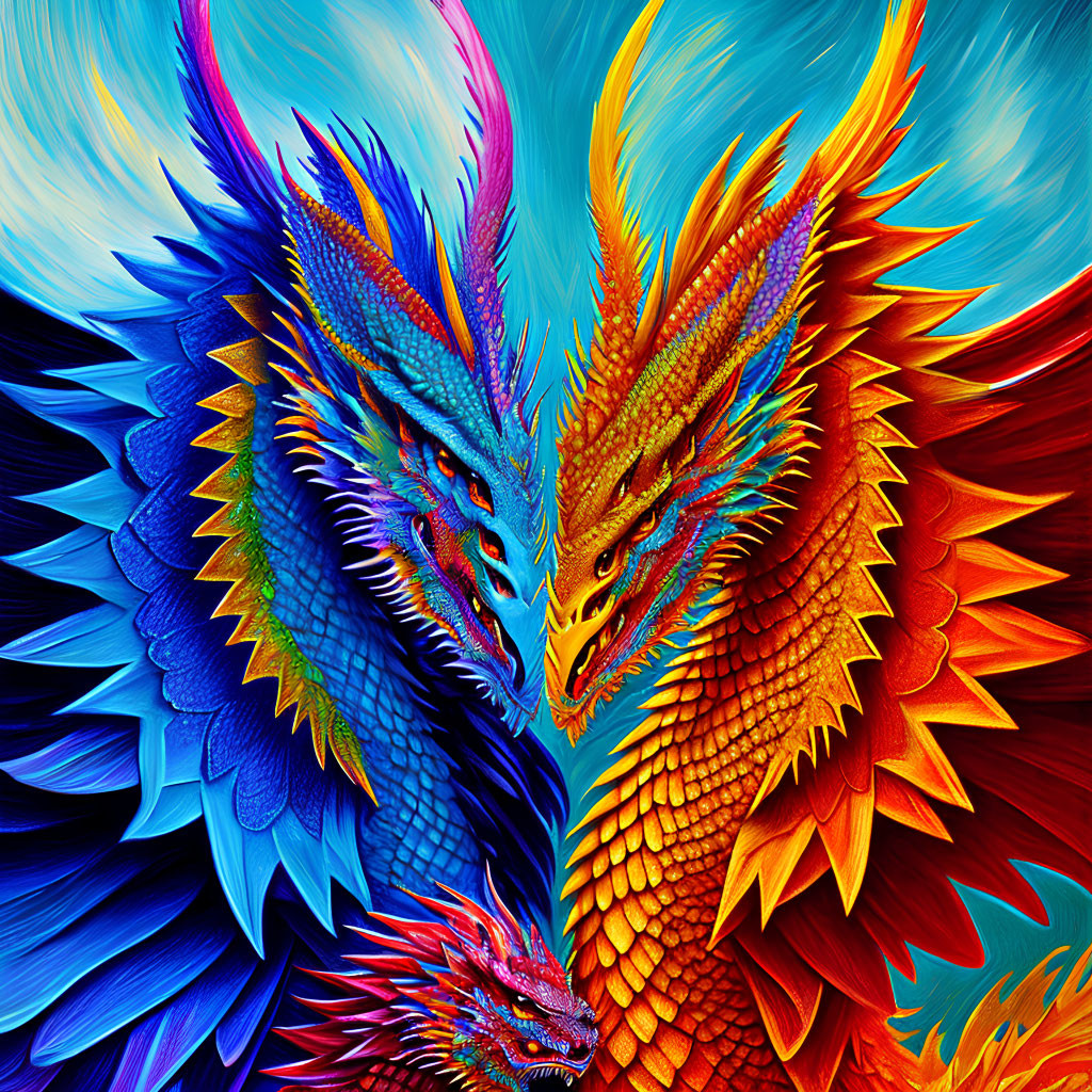 Detailed digital artwork: Three dragons in vibrant blue, red, and orange.