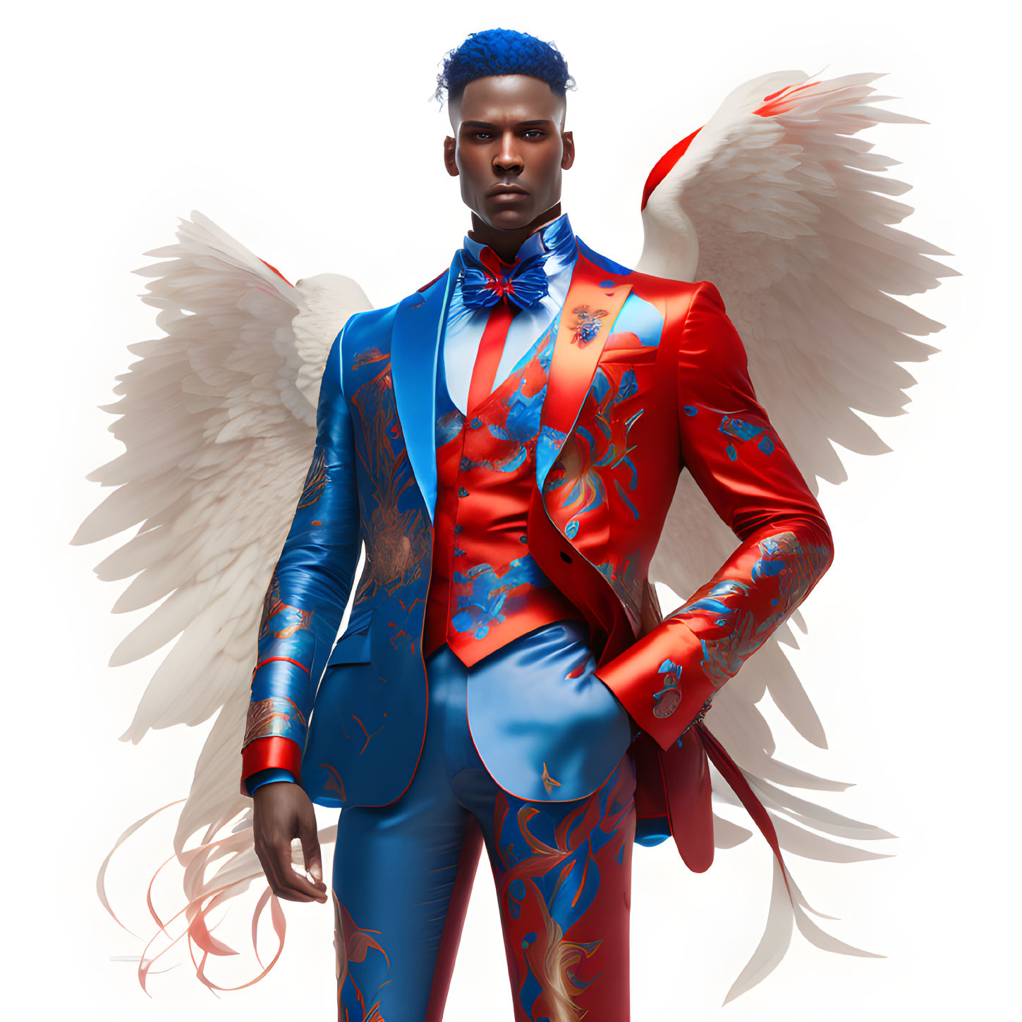 Person with wings in vibrant red and blue suit with floral patterns and bow tie