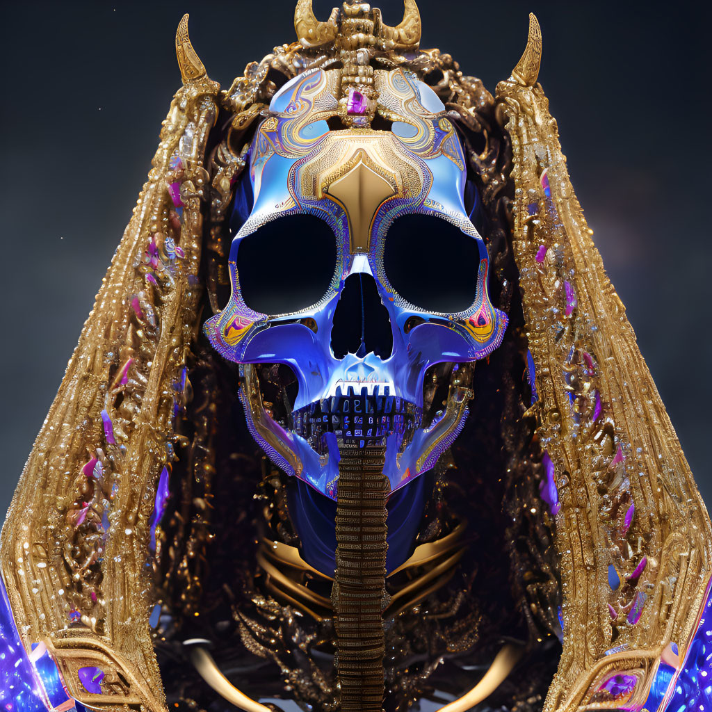 Detailed digital artwork: Decorative skull with gold and blue accents