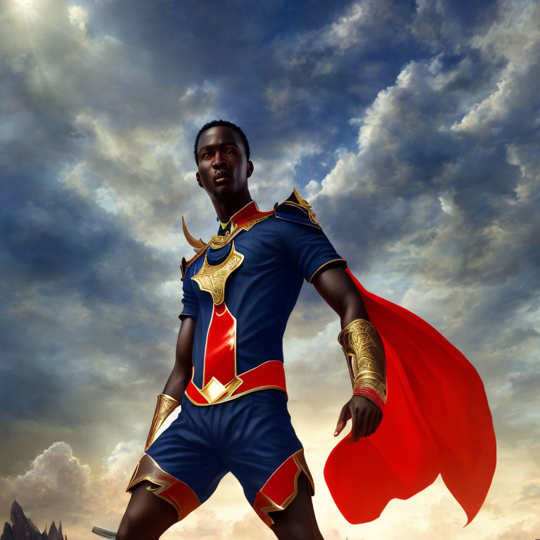 Blue and gold costume hero under dramatic sky in fantasy scene