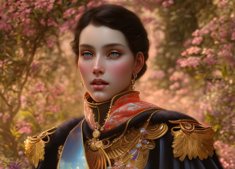 Digital portrait of woman with blue eyes and dark hair in ornate cape against pink blossom backdrop