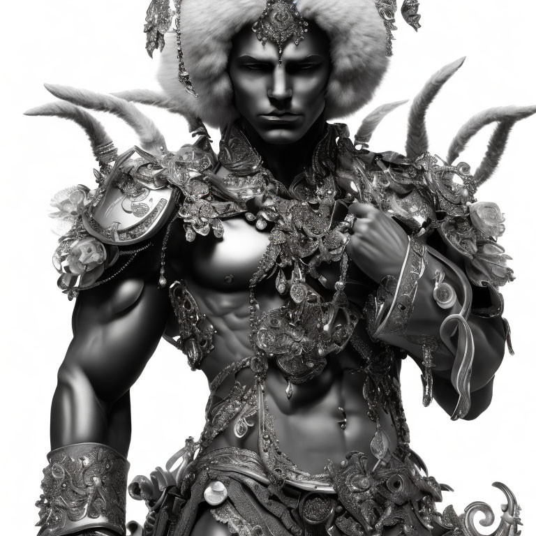 Monochromatic fantasy armor with horns and fur hat on white background