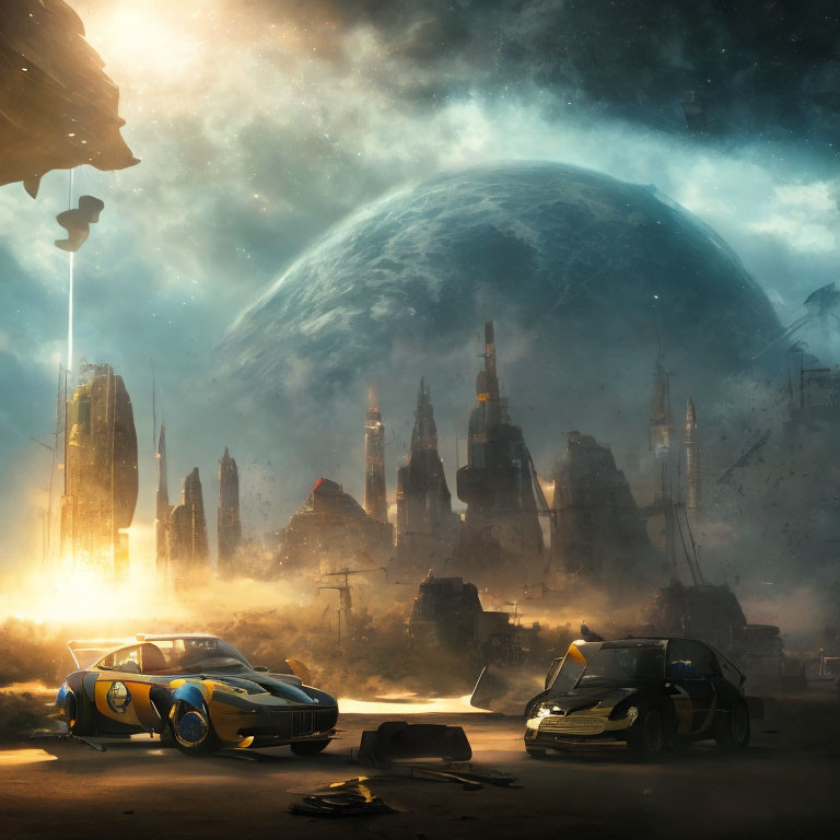 Futuristic cityscape with skyscrapers, vehicles, and massive planet in golden haze