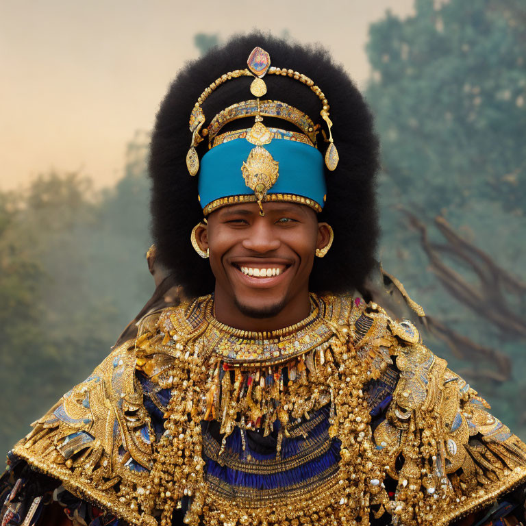 Smiling man in ornate traditional costume against misty forest.