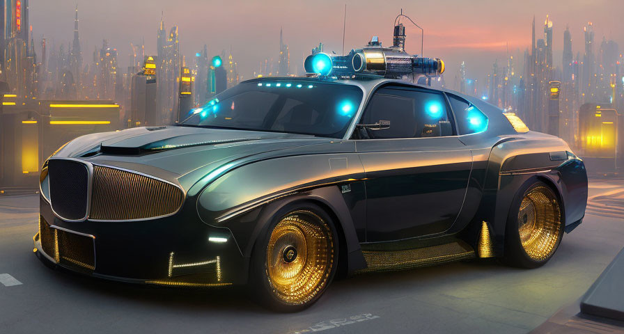 Sleek Black and Gold Futuristic Police Car in City Setting