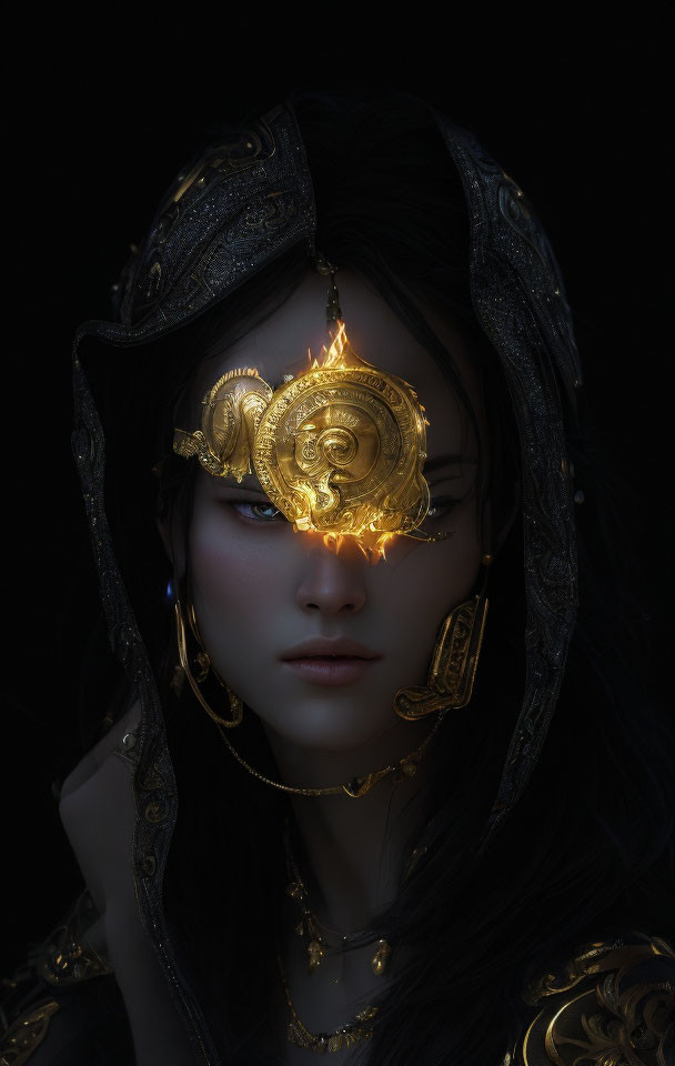 Dark-haired woman in golden armor with glowing eye-piece