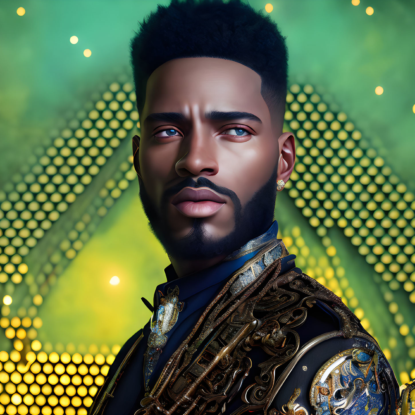 Detailed digital portrait of a man in regal attire with gold accents and bokeh background