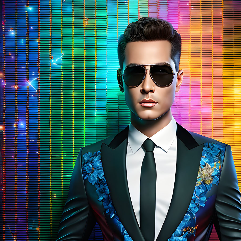 Fashionable Man in Floral Suit and Sunglasses on Vibrant Background