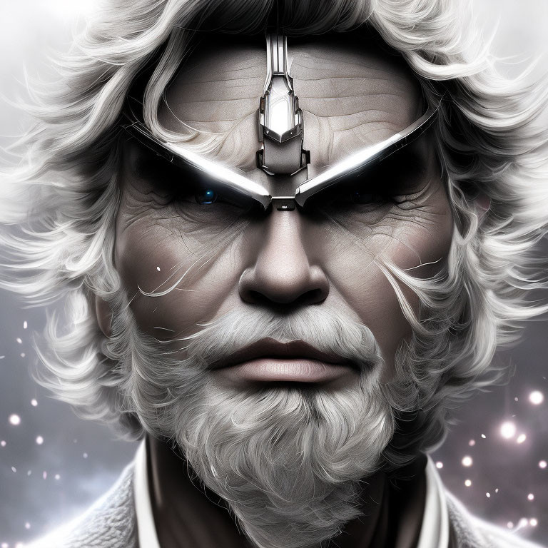 Elderly Man with White Hair and Cybernetic Eye in Starry Setting