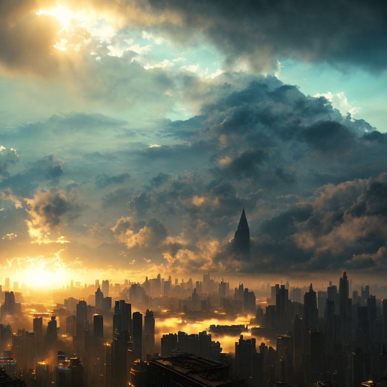 City skyline at sunset with towering skyscrapers and dramatic storm clouds.