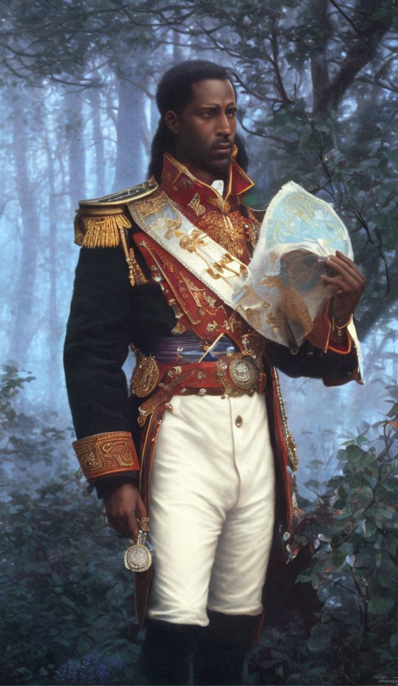 Man in ornate military uniform with map in foggy forest