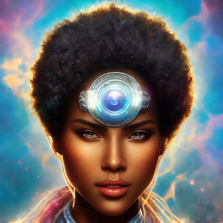 Glowing skin woman with afro hair and futuristic eyepiece art