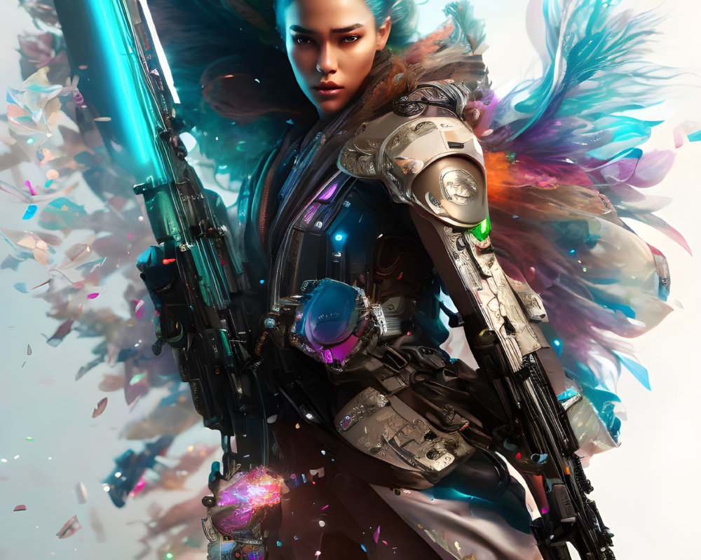 Futuristic warrior woman with glowing blue sword and high-tech armor surrounded by floating colorful shards and feathers