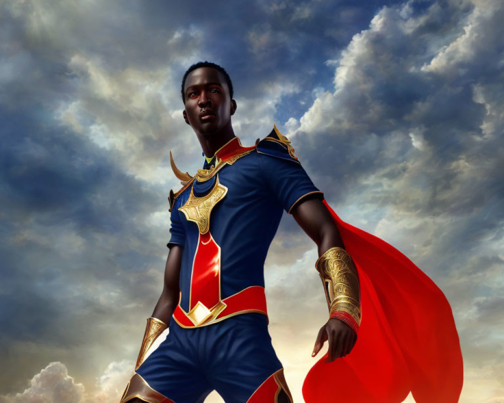 Blue and gold costume hero under dramatic sky in fantasy scene