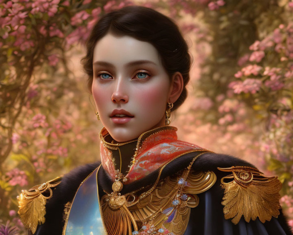 Digital portrait of woman with blue eyes and dark hair in ornate cape against pink blossom backdrop