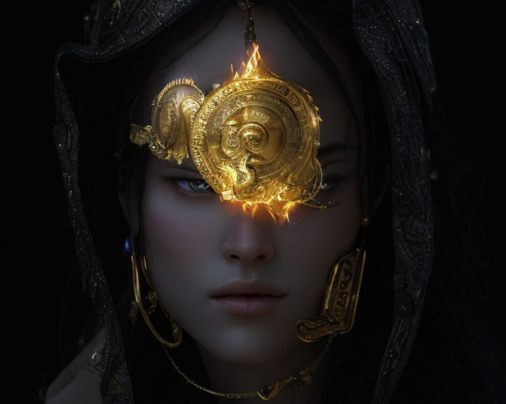 Dark-haired woman in golden armor with glowing eye-piece