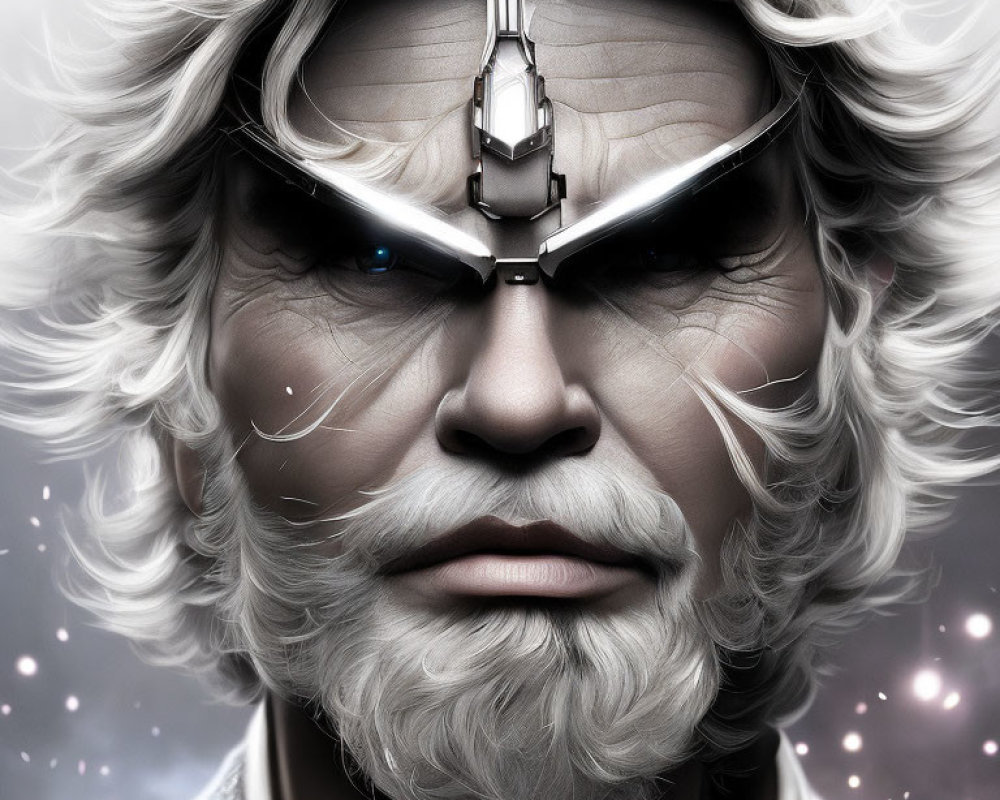 Elderly Man with White Hair and Cybernetic Eye in Starry Setting