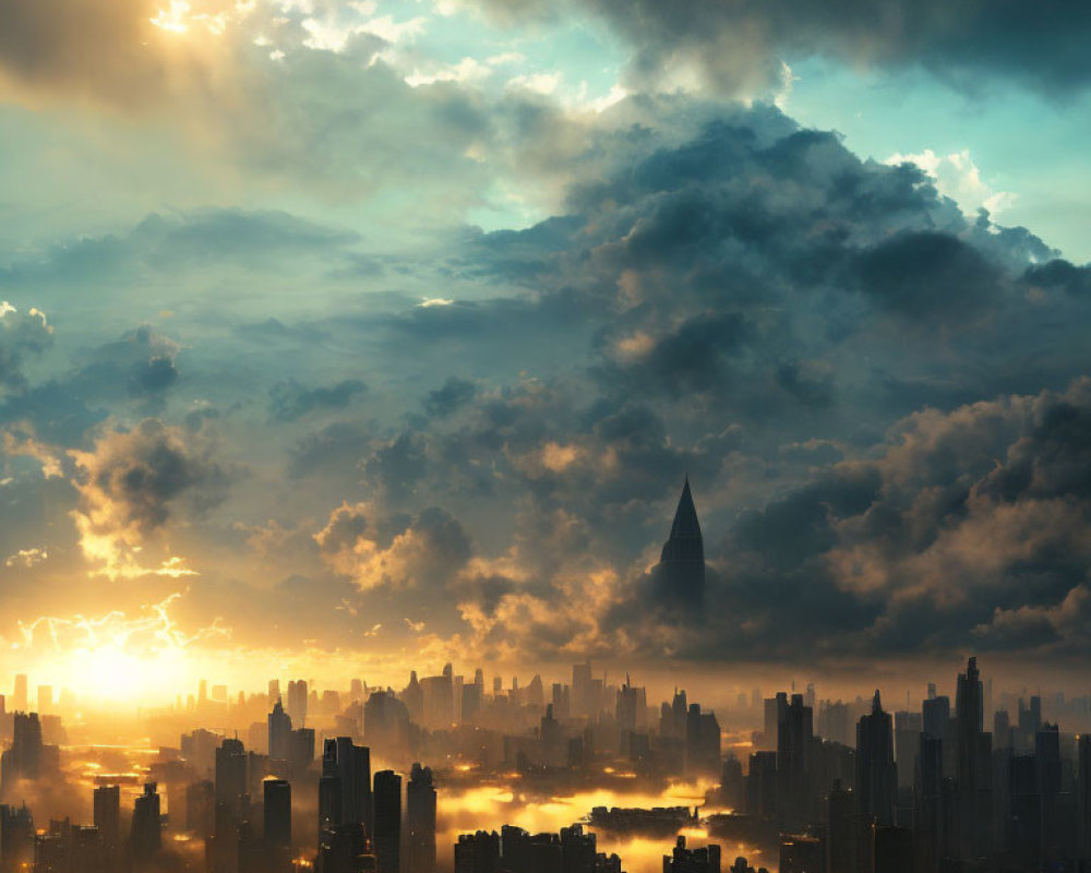 City skyline at sunset with towering skyscrapers and dramatic storm clouds.