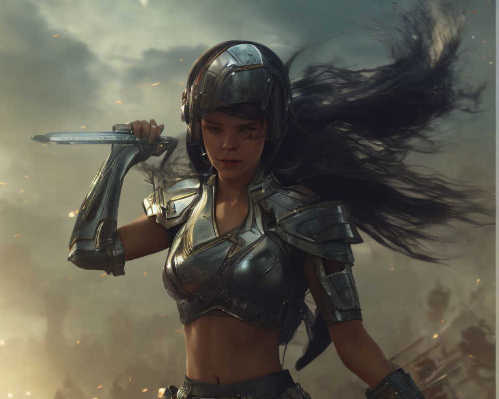 Warrior woman in armor with sword on chaotic battlefield