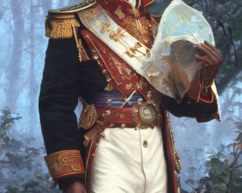 Man in ornate military uniform with map in foggy forest