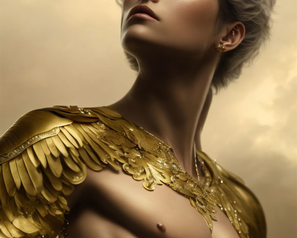 Prominent collarbones in gold feather-like armor against golden backdrop