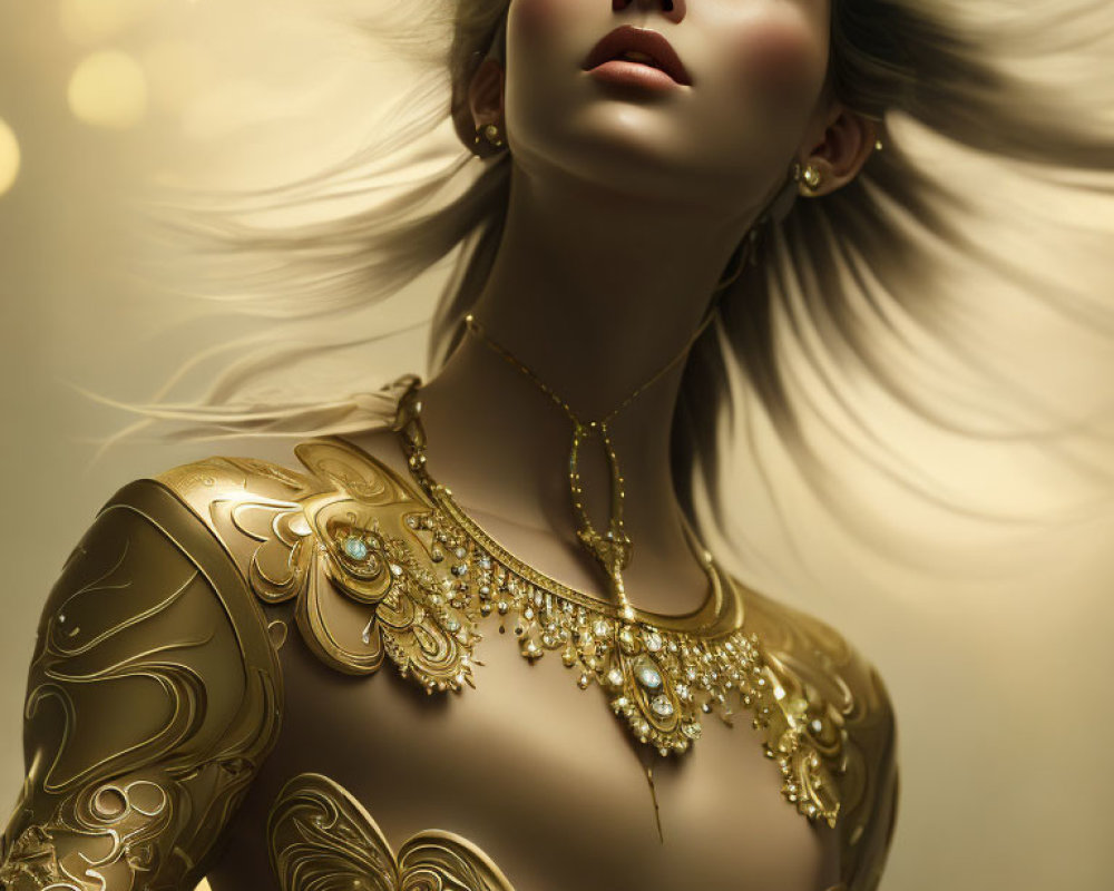 Digital artwork: Woman in ornate gold armor with flowing hair