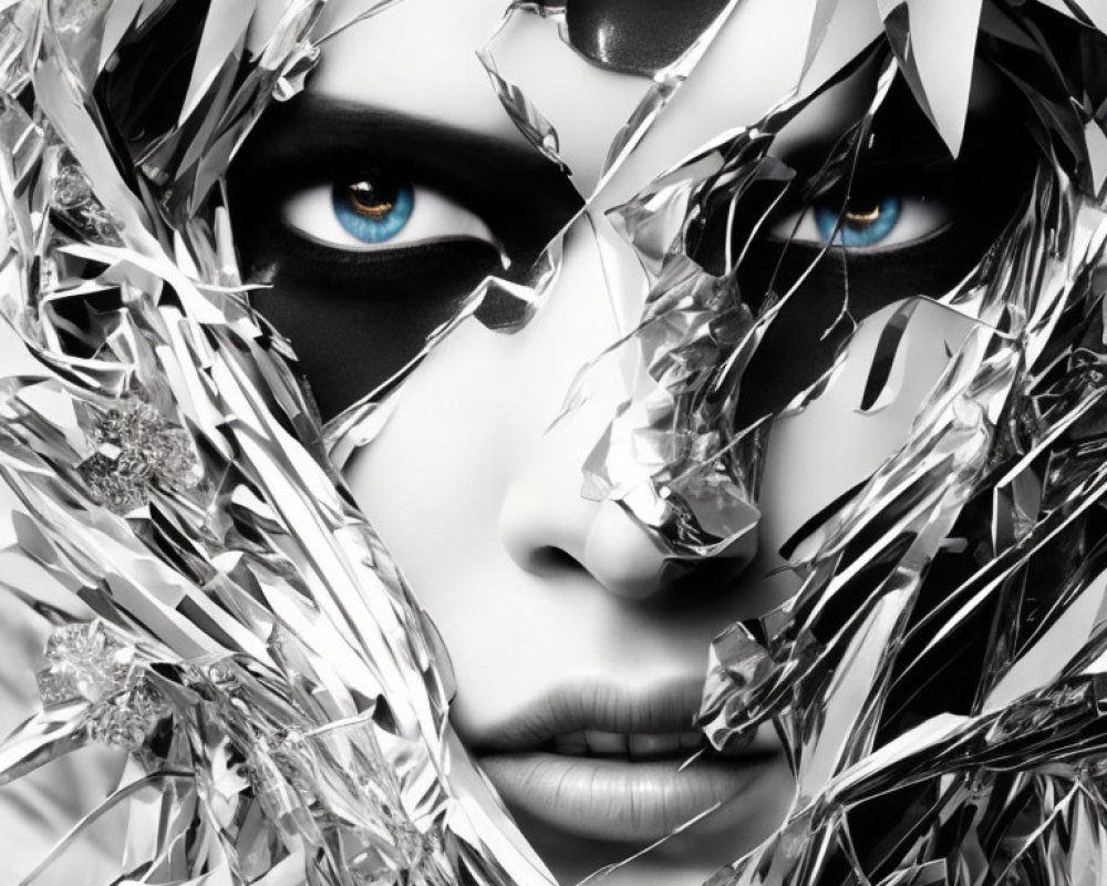 Monochromatic portrait with striking blue eyes and metallic foil shards