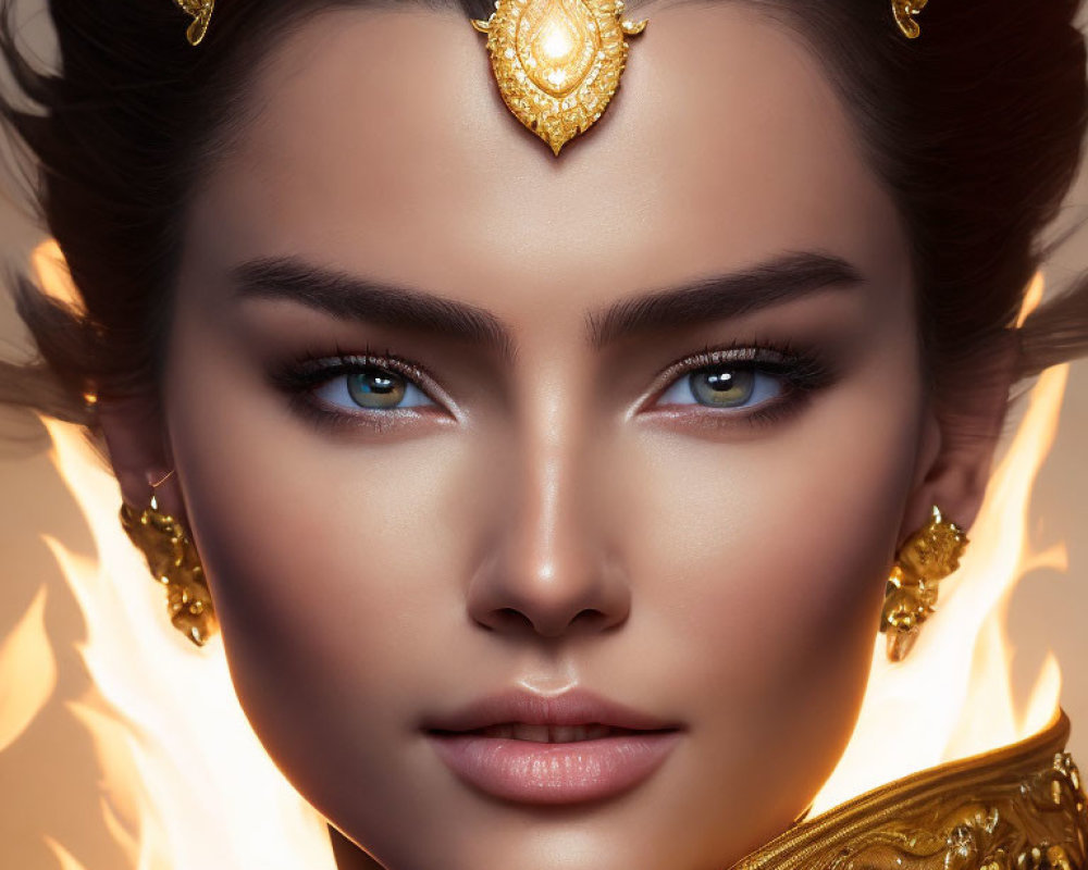 Woman with Striking Blue Eyes and Elaborate Gold Jewelry