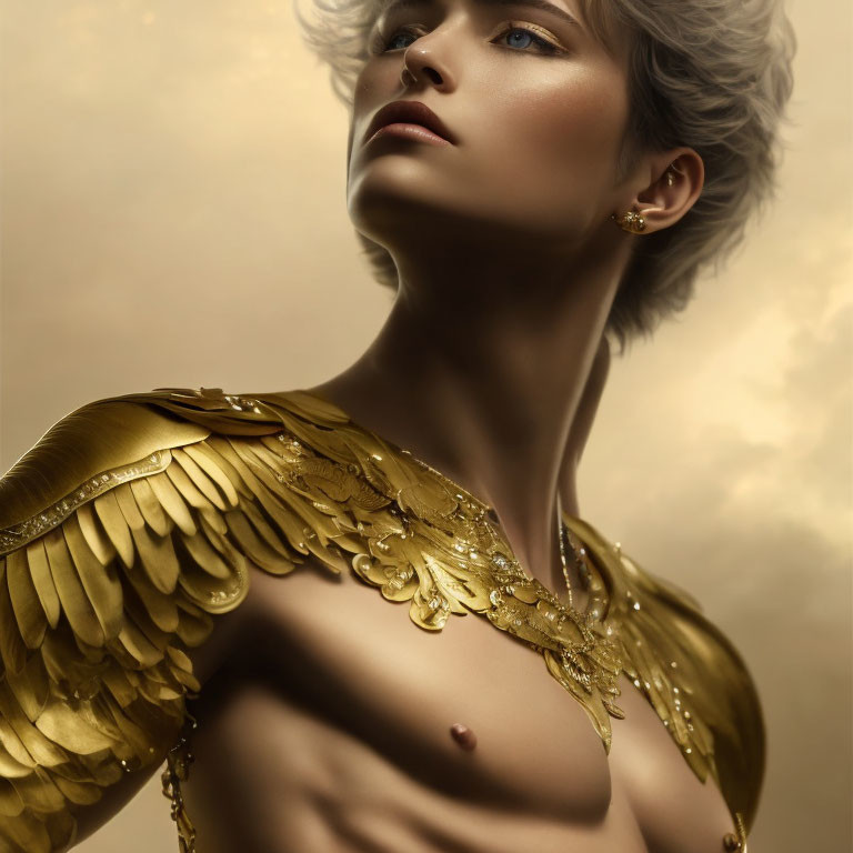 Prominent collarbones in gold feather-like armor against golden backdrop