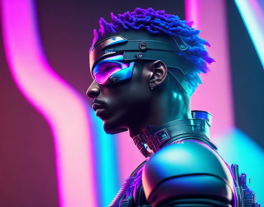 Futuristic male cyborg with blue hair and metallic skin