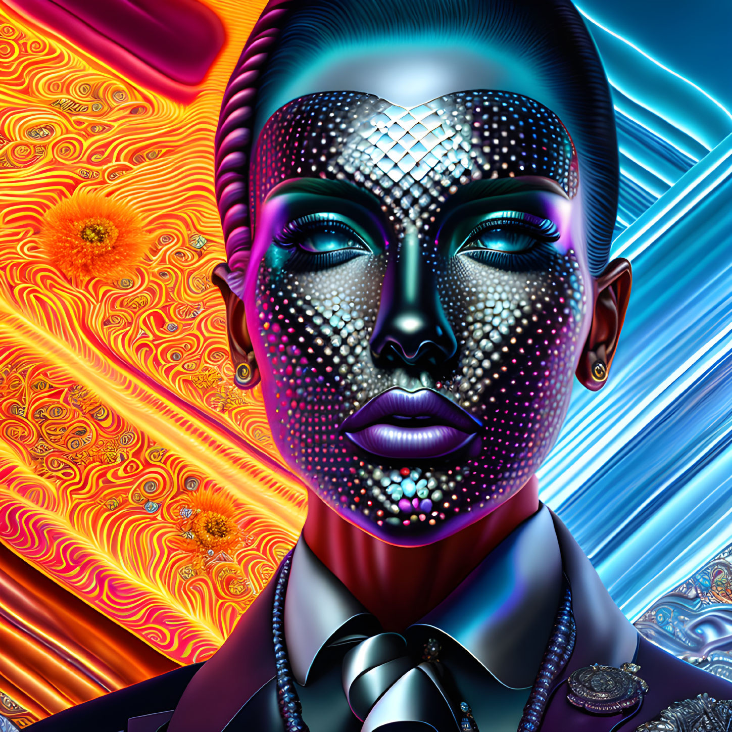 Colorful digital artwork: metallic-skinned figure with patterned face in abstract setting