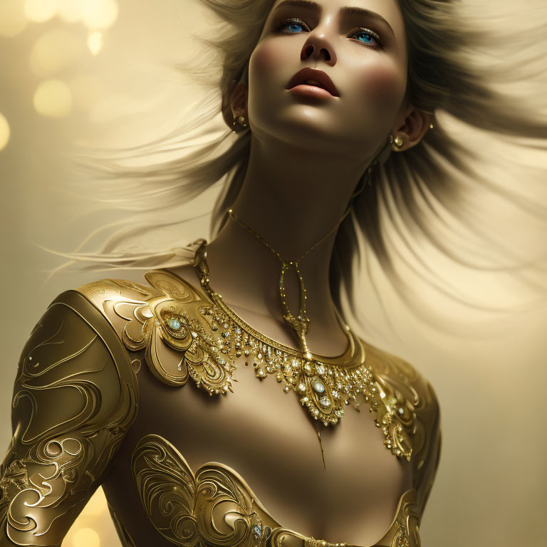 Digital artwork: Woman in ornate gold armor with flowing hair