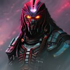 Detailed Predator Helmet with Sharp Angles and Red Visor Against Misty Backdrop