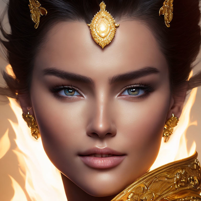 Woman with Striking Blue Eyes and Elaborate Gold Jewelry