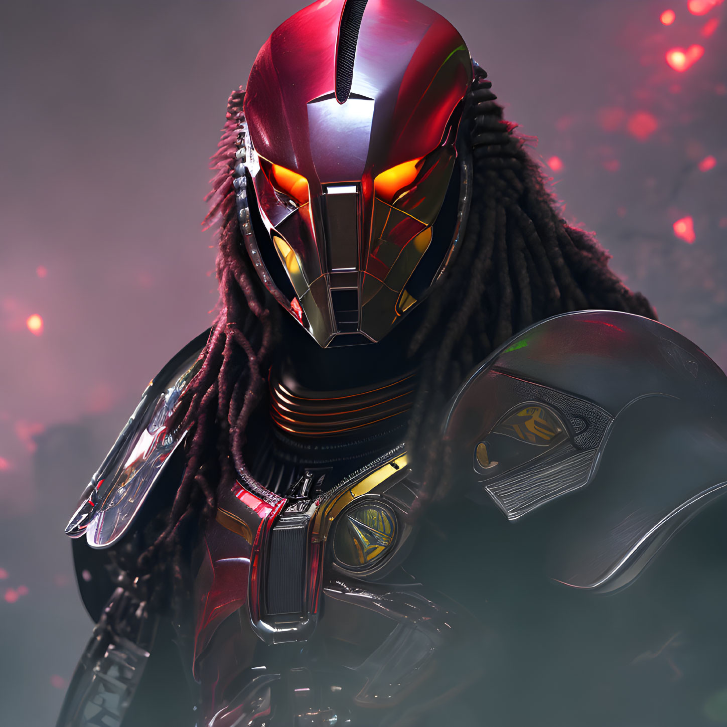 Detailed Predator Helmet with Sharp Angles and Red Visor Against Misty Backdrop