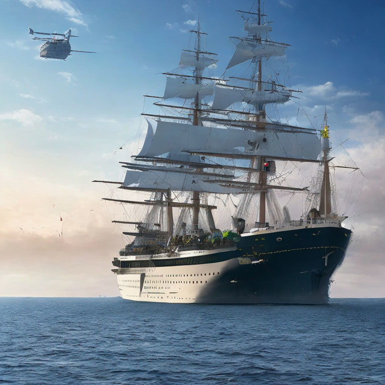 Modern tall ship sailing on ocean with birds and helicopter.