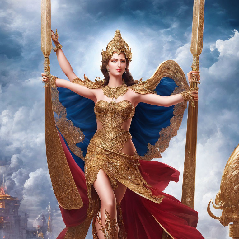 Woman in ornate golden costume with crown and spear against dramatic sky.