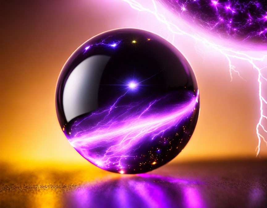 Reflective black sphere with purple lightning bolts on amber background