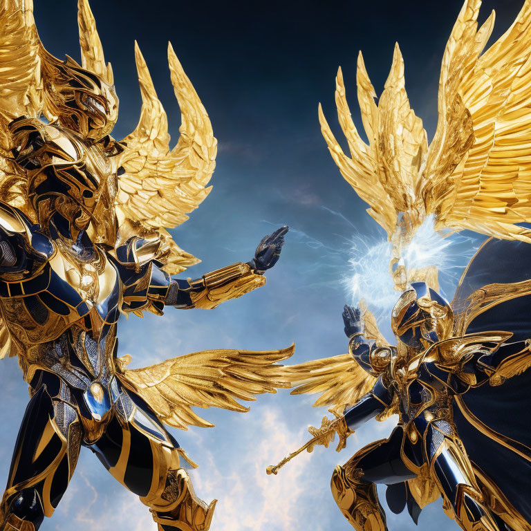 Armored figures with golden wings under a vivid blue sky in a scene of interaction.